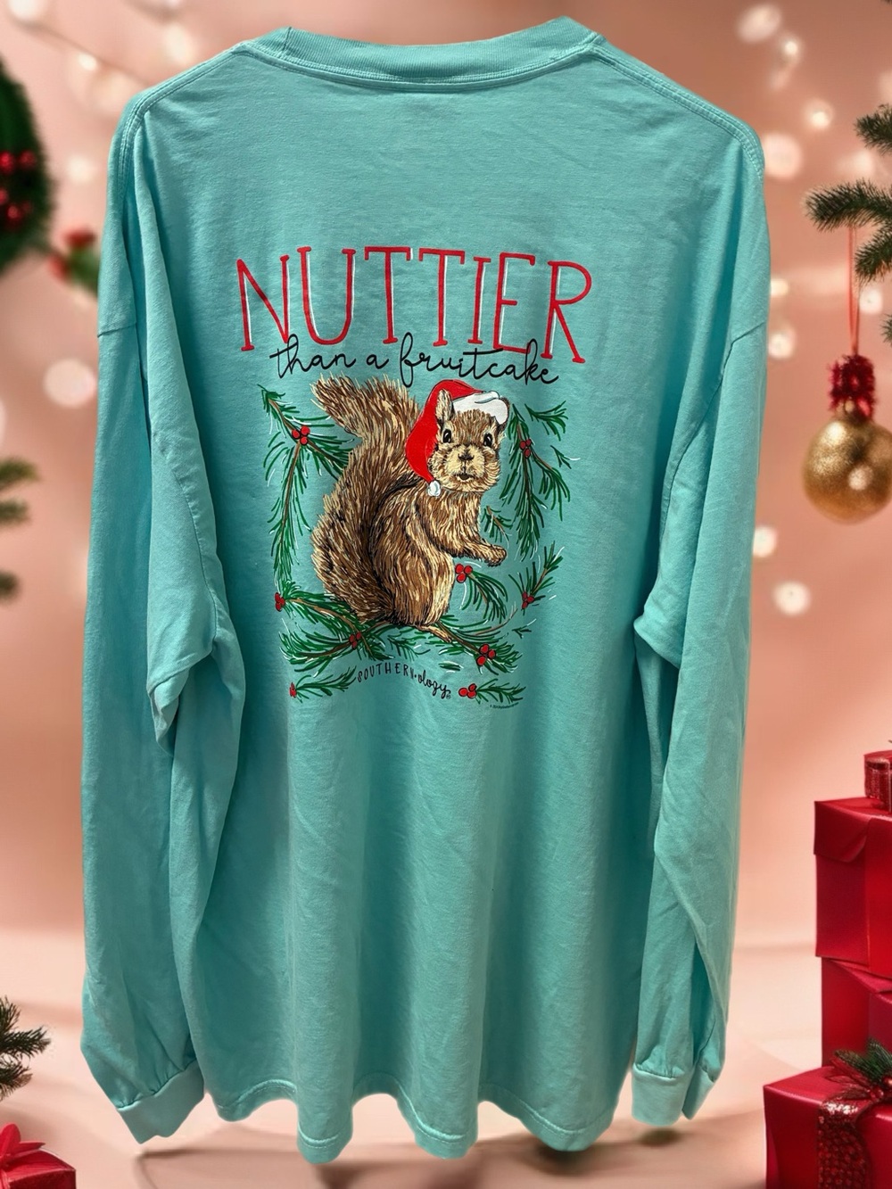 Women’s ‘Nuttier Than a Fruitcake' Turquoise Long-Sleeve Santa Squirrel Tee 2X